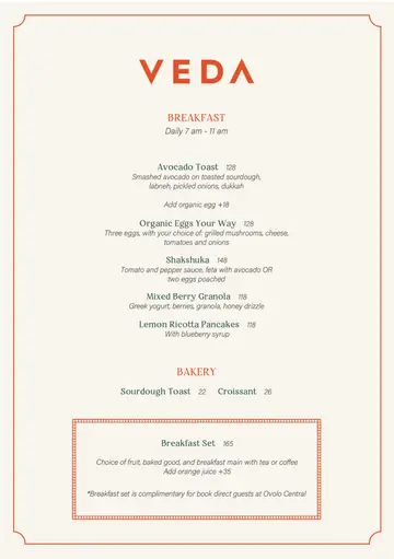 Veda Breakfast Menu. Must try the Shakshuka, Avocado Toast and Pancakes!