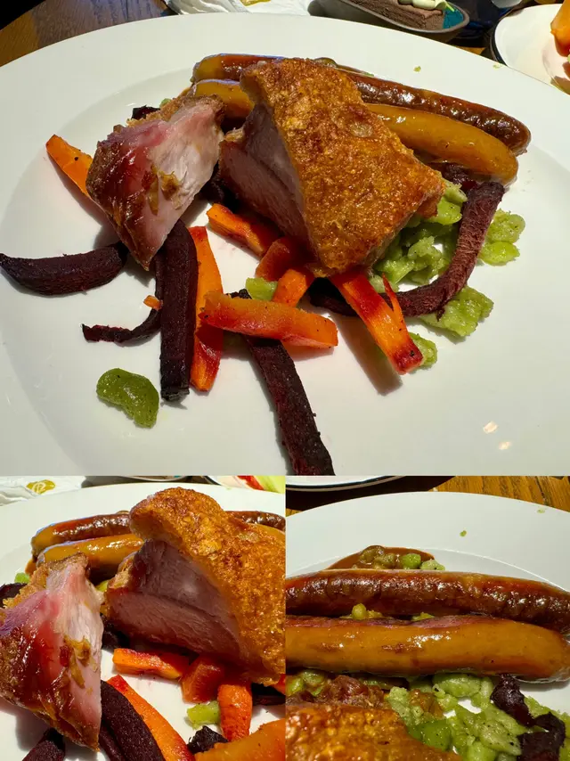 慢燒脆皮豬手及維也納腸伴菠菜麵根及燒根菜配芥末紅酒汁(+$60)