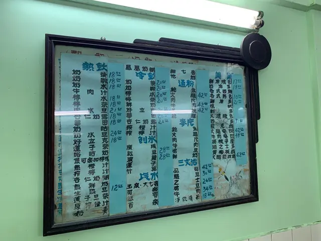 枱面無餐牌，要看就看牆上這塊！有很多昔日經典、今天再不復刻的食品選擇：牛肉汁、焗梳乎厘 (呢樣都有？)、黃梅班㦸⋯