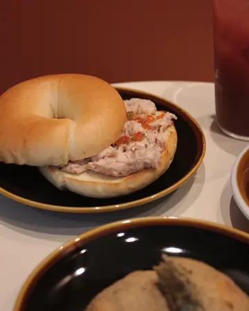 Plain  Bagel  w/  Tuna  Salad  and  Salmon  Roe