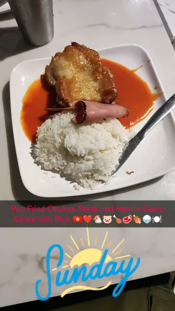 Pan Fried Chicken Steak and Ham with Gravy Sauce with Rice 🇭🇰❤️🐔🐷🍗🥩🍖🍚🍽️