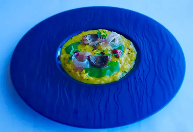 First Course - Risotto "Acquerello" with Saffron, Spinosi Artichoke and Iberico Papada 