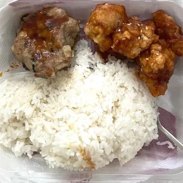 兩餸飯，芝麻雞球+肉餅