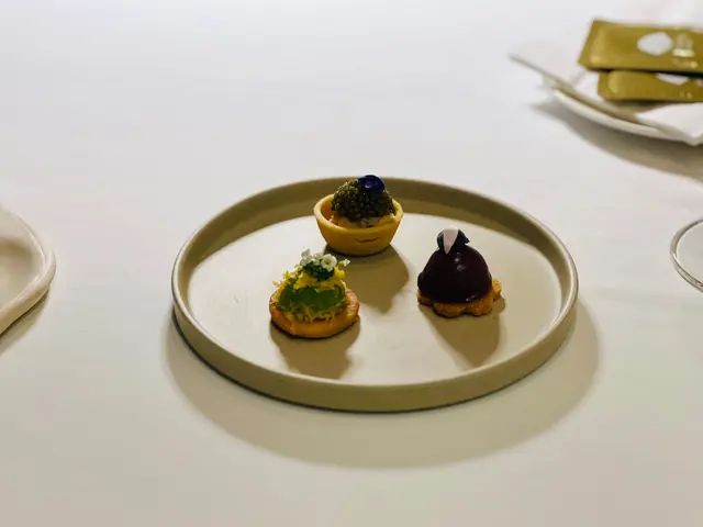 Amuse-bouche | Summer Greens Tarts on Cheddar Sable｜Chicken Liver Parfait and Port-berry Gelée on Brioche | Pomponette Citron with Salmon Rillettes and Caviar