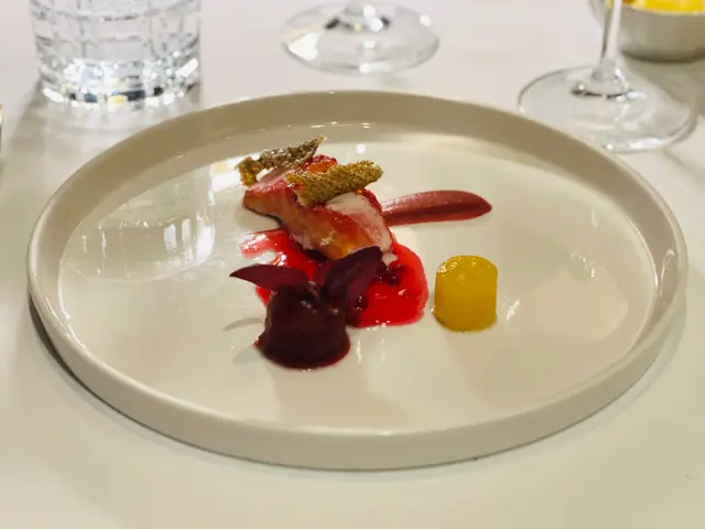 Truite Fumée | Crème Fraîche au Raifort | Cedar Grilled Trout | Horseradish Crème Fraîche | Beets | Borscht Sauce