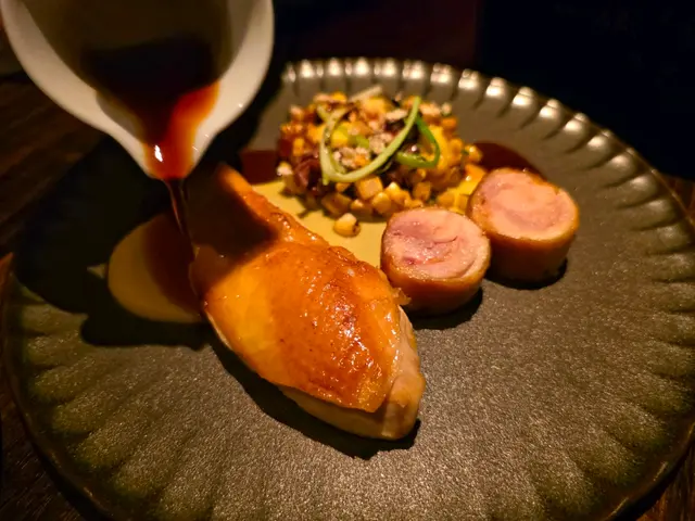 Yellow Chicken with Hokkaido Corn & Yuzu-Koshu Puree, Girolles, Charred Bannou Negi & Chicken Jus