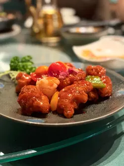 块肉外层脆卜卜，里面又嫩，酱汁酸甜得嚟仲有荔枝嘅清甜同山楂嘅微酸，仲有彩椒同虾仁垫底，口感好丰富～