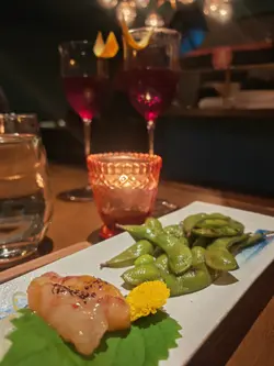 烤日本枝豆、醬油甜蝦刺身